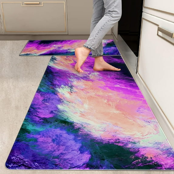 2 Pieces Kitchen Rugs, Abstract Anti Fatigue Non Slip Foam Cushioned Light Pink Purple Art Painting Comfort Indoor Floor Mat Runner Rug Set for Laundry Office Sink Bathroom (17"X48"+17"X24")