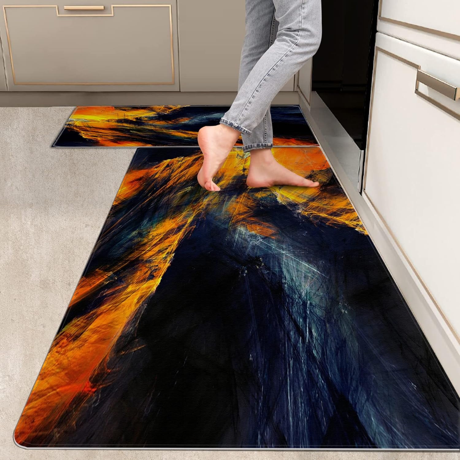 2 Pieces Kitchen Rugs, Abstract Anti Fatigue Non Slip Foam Cushioned Modern Painting Orange Black Comfort Indoor Floor Mat Runner Rug Set For Laundry Office Sink Bathroom (17"X48" 17"X24 - View #11