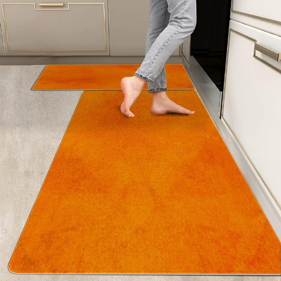 2 Pieces Kitchen Rugs, Abstract Anti Fatigue Non Slip Foam Cushioned Orange Tangerine Art Graffiti Comfort Indoor Floor Mat Runner Rug Set for Laundry Office Sink Bathroom (17"x48"+17"x24")