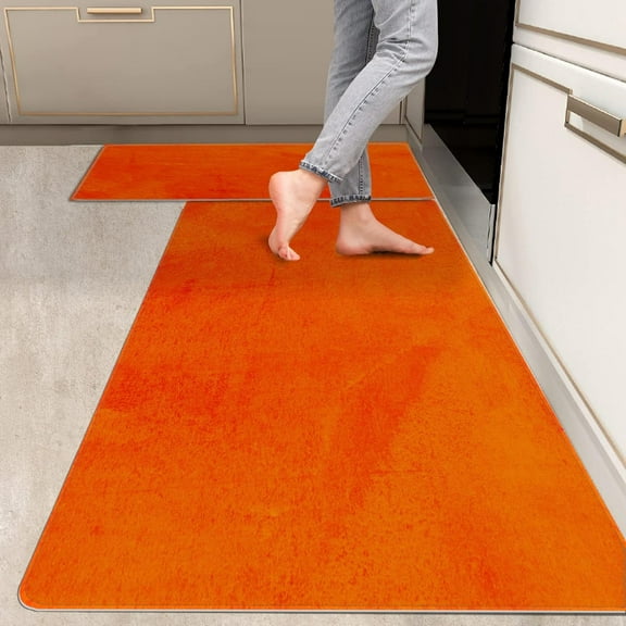 2 Pieces Kitchen Rugs, Abstract Anti Fatigue Non Slip Foam Cushioned Orange Tangerine Art Graffiti Comfort Indoor Floor Mat Runner Rug Set for Laundry Office Sink Bathroom (17"x48"+17"x24")