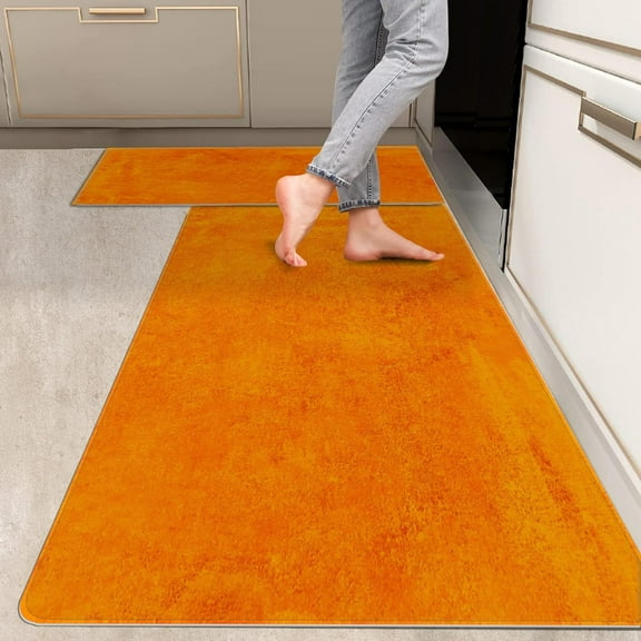 2 Pieces Kitchen Rugs, Abstract Anti Fatigue Non Slip Foam Cushioned Orange Tangerine Graffiti Art Comfort Indoor Floor Mat Runner Rug Set for Laundry Office Sink Bathroom (17"x48"+17"x24")