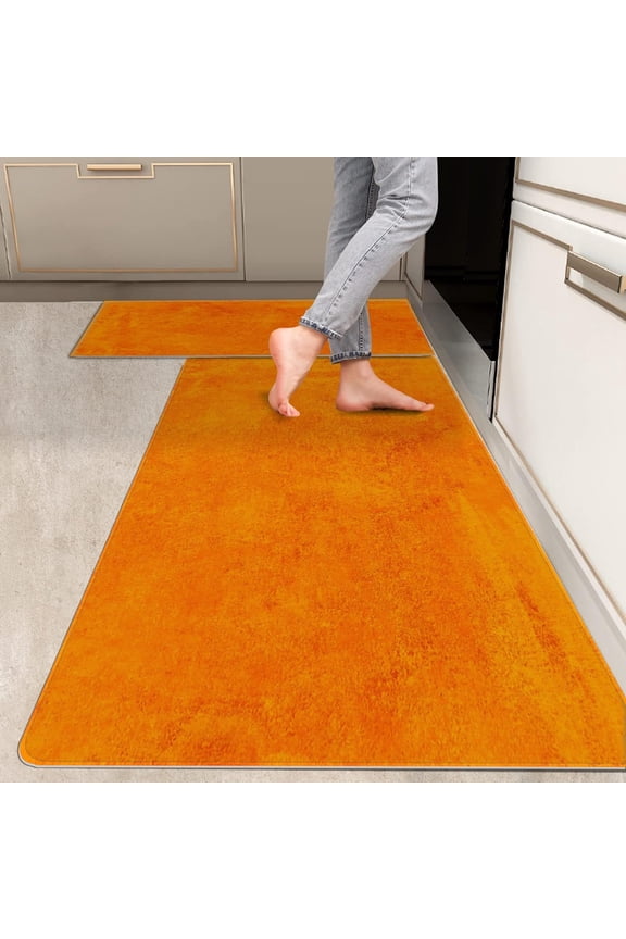 2 Pieces Kitchen Rugs, Abstract Anti Fatigue Non Slip Foam Cushioned Orange Tangerine Graffiti Art Comfort Indoor Floor Mat Runner Rug Set for Laundry Office Sink Bathroom (17"x48"+17"x24")