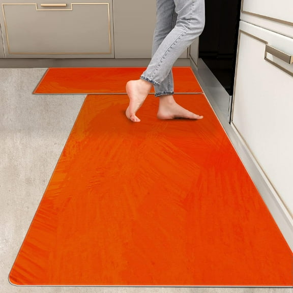 2 Pieces Kitchen Rugs, Abstract Anti Fatigue Non Slip Foam Cushioned Orange Tangerine Graffiti Art Comfort Indoor Floor Mat Runner Rug Set for Laundry Office Sink Bathroom (17"x48"+17"x24")