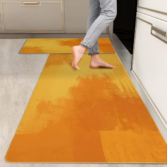 2 Pieces Kitchen Rugs, Abstract Anti Fatigue Non Slip Foam Cushioned Orange Yellow Art Modern Comfort Indoor Floor Mat Runner Rug Set for Laundry Office Sink Bathroom (17"x48"+17"x24")