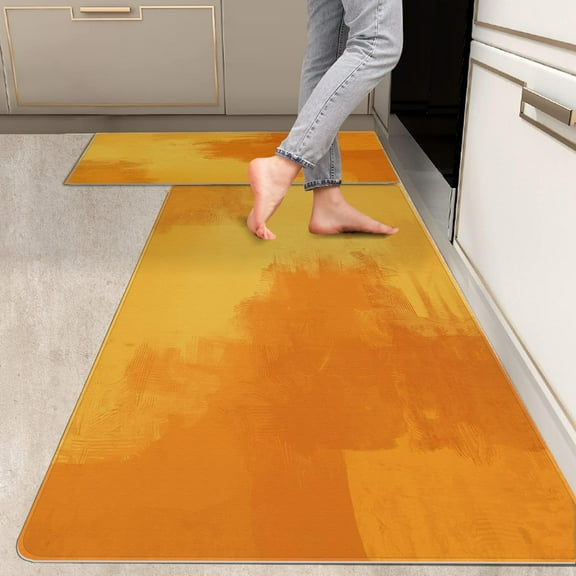 2 Pieces Kitchen Rugs, Abstract Anti Fatigue Non Slip Foam Cushioned Orange Yellow Art Modern Comfort Indoor Floor Mat Runner Rug Set for Laundry Office Sink Bathroom (17"x48"+17"x24")