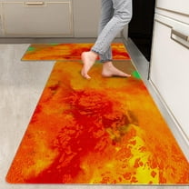 2 Pieces Kitchen Rugs, Abstract Anti Fatigue Non Slip Foam Cushioned Orange Yellow Dappled Modern Comfort Indoor Floor Mat Runner Rug Set for Laundry Office Sink Bathroom (17"x48" 17"x24")
