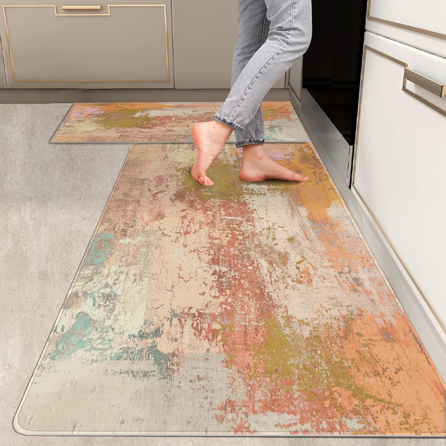2 Pieces Kitchen Rugs, Abstract Anti Fatigue Non Slip Foam Cushioned ...