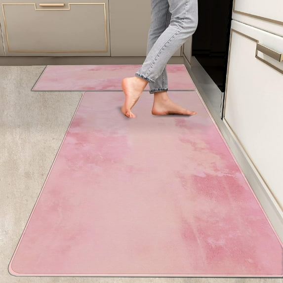 2 Pieces Kitchen Rugs, Abstract Anti Fatigue Non Slip Foam Cushioned Pink Graffiti Art Modern Comfort Indoor Floor Mat Runner Rug Set for Laundry Office Sink Bathroom (17"x48"+17"x24")