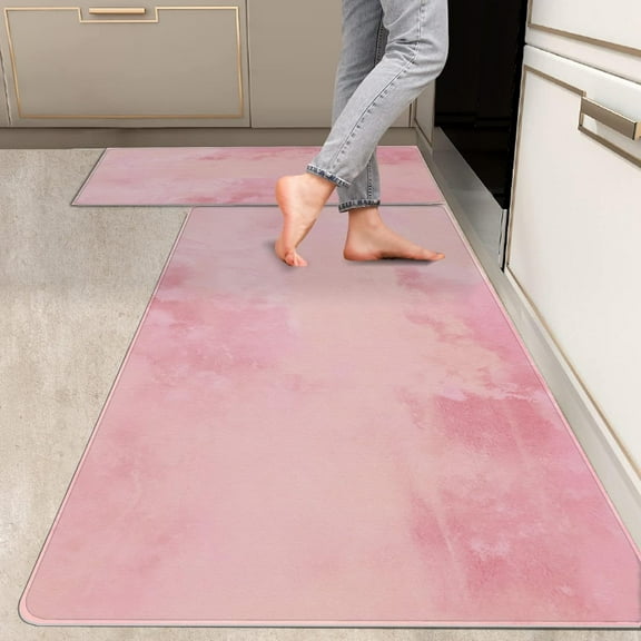 2 Pieces Kitchen Rugs, Abstract Anti Fatigue Non Slip Foam Cushioned Pink Graffiti Art Modern Comfort Indoor Floor Mat Runner Rug Set for Laundry Office Sink Bathroom (17"x48"+17"x24")