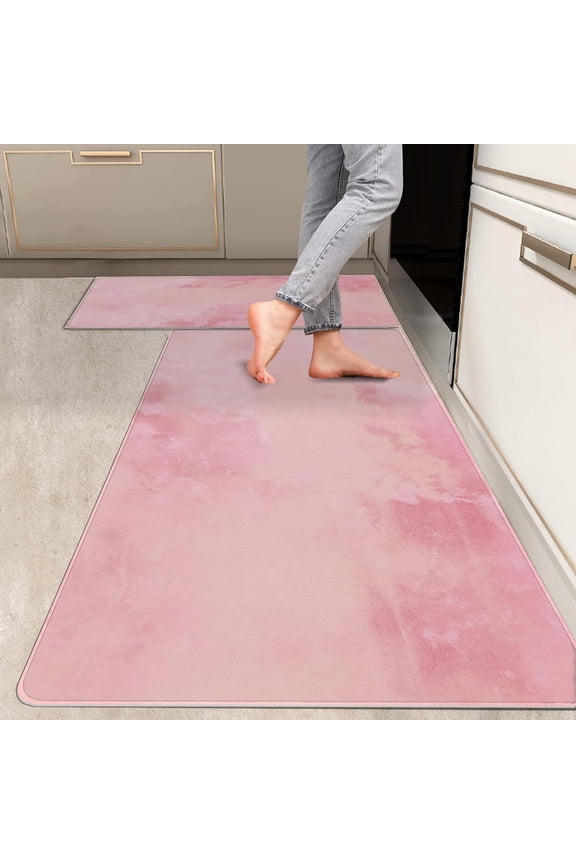 2 Pieces Kitchen Rugs, Abstract Anti Fatigue Non Slip Foam Cushioned Pink Graffiti Art Modern Comfort Indoor Floor Mat Runner Rug Set for Laundry Office Sink Bathroom (17"x48"+17"x24")