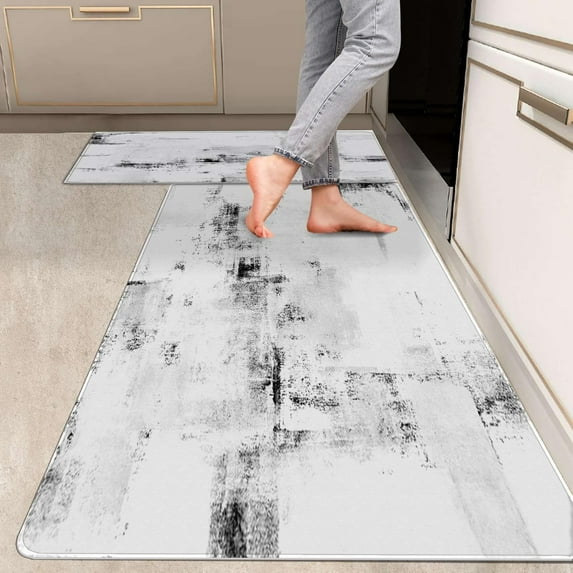 2 Pieces Kitchen Rugs, Abstract Anti Fatigue Non Slip Foam Cushioned Purple Art Painting Comfort Indoor Floor Mat Runner Rug Set for Laundry Office Sink Bathroom (17"x48"+17"x24")