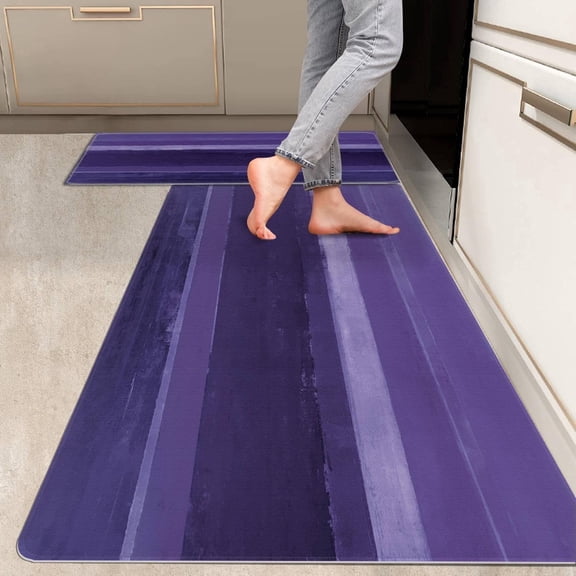 2 Pieces Kitchen Rugs, Abstract Non Slip Purple Art Painting Comfort Indoor Floor Mat Runner Rug Set for Laundry Office Sink Bathroom (17"x48"+17"x24")