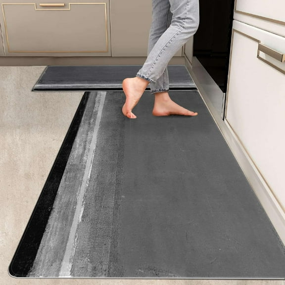 2 Pieces Kitchen Rugs, Abstract Anti Fatigue Non Slip Foam Cushioned Purple Art Painting Comfort Indoor Floor Mat Runner Rug Set for Laundry Office Sink Bathroom (17"x48"+17"x24")