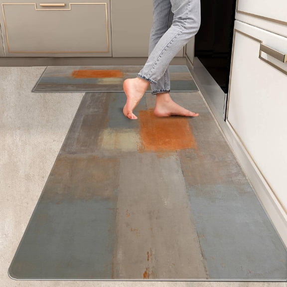 2 Pieces Kitchen Rugs, Abstract Anti Fatigue Non Slip Foam Cushioned Purple and Grey Art Painting Comfort Indoor Floor Mat Runner Rug Set for Laundry Office Sink Bathroom (17"x48"+17"x24")