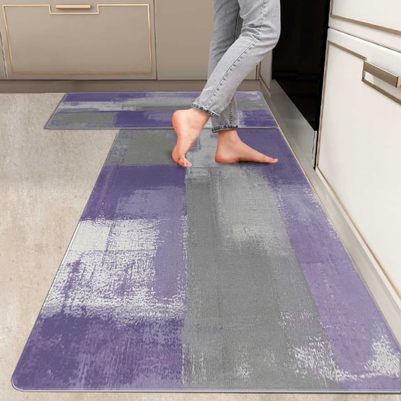 2 Pieces Kitchen Rugs, Abstract Anti Fatigue Non Slip Foam Cushioned Purple and Grey Art Painting Comfort Indoor Floor Mat Runner Rug Set for Laundry Office Sink Bathroom (17"x48"+17"x24")