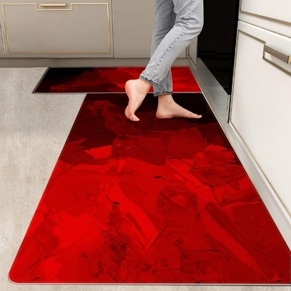 2 Pieces Kitchen Rugs, Abstract Anti Fatigue Non Slip Foam Cushioned Red Black Graffiti Art Modern Comfort Indoor Floor Mat Runner Rug Set for Laundry Office Sink Bathroom (17"x48"+17"x24")