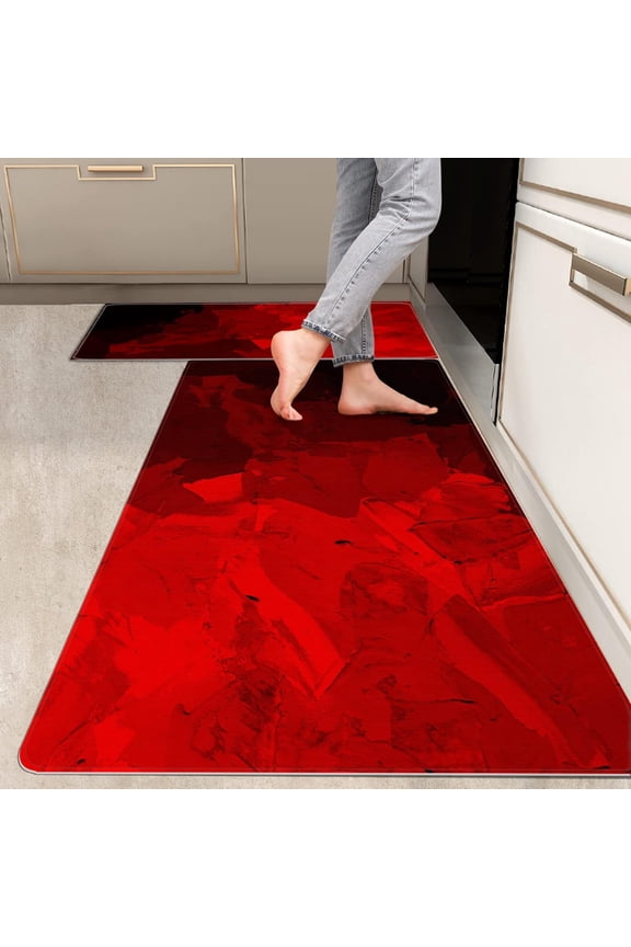 2 Pieces Kitchen Rugs, Abstract Anti Fatigue Non Slip Foam Cushioned Red Black Graffiti Art Modern Comfort Indoor Floor Mat Runner Rug Set for Laundry Office Sink Bathroom (17"x48"+17"x24")