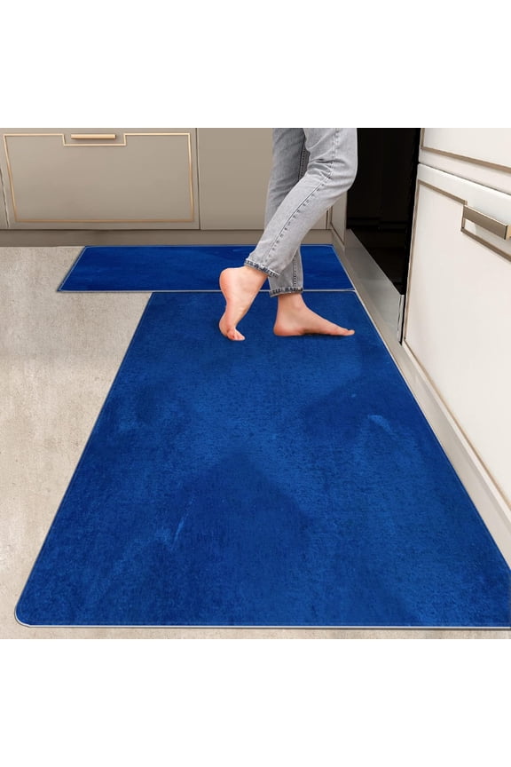 2 Pieces Kitchen Rugs, Abstract Anti Fatigue Non Slip Foam Cushioned Royal Blue Art Graffiti Modern Comfort Indoor Floor Mat Runner Rug Set for Laundry Office Sink Bathroom (17"x48"+17"x24")