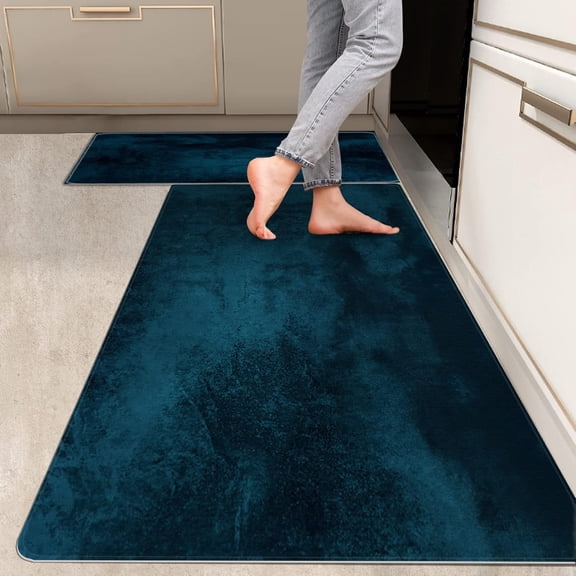 2 Pieces Kitchen Rugs, Abstract Non Slip Royal Blue Art Graffiti Modern Comfort Indoor Floor Mat Runner Rug Set for Laundry Office Sink Bathroom (17"x48"+17"x24")