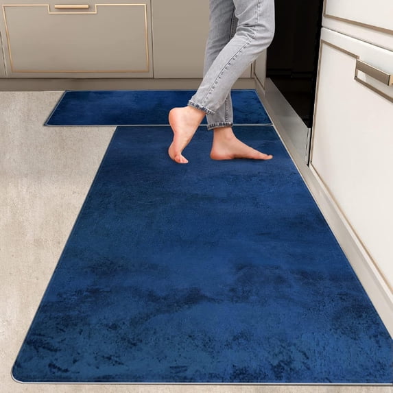 2 Pieces Kitchen Rugs, Abstract Non Slip Royal Blue Art Graffiti Modern Comfort Indoor Floor Mat Runner Rug Set for Laundry Office Sink Bathroom (17"x48"+17"x24")
