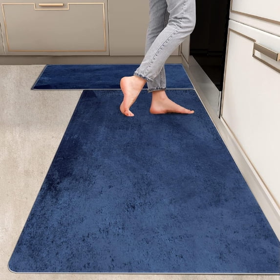 2 Pieces Kitchen Rugs, Abstract Non Slip Royal Blue Art Graffiti Modern Comfort Indoor Floor Mat Runner Rug Set for Laundry Office Sink Bathroom (17"x48"+17"x24")