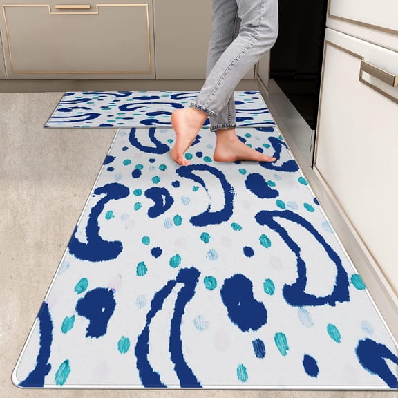 2 Pieces Kitchen Rugs, Abstract Anti Fatigue Non Slip Foam Cushioned Royal Blue Navy Classic Modern Comfort Indoor Floor Mat Runner Rug Set for Laundry Office Sink Bathroom (17"X48"+17"X24")
