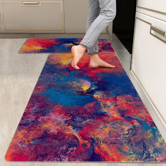 2 Pieces Kitchen Rugs, Abstract Anti Fatigue Non Slip Foam Cushioned Royal Blue Orange Painting Art Comfort Indoor Floor Mat Runner Rug Set for Laundry Office Sink Bathroom (17"X48"+17"X24")