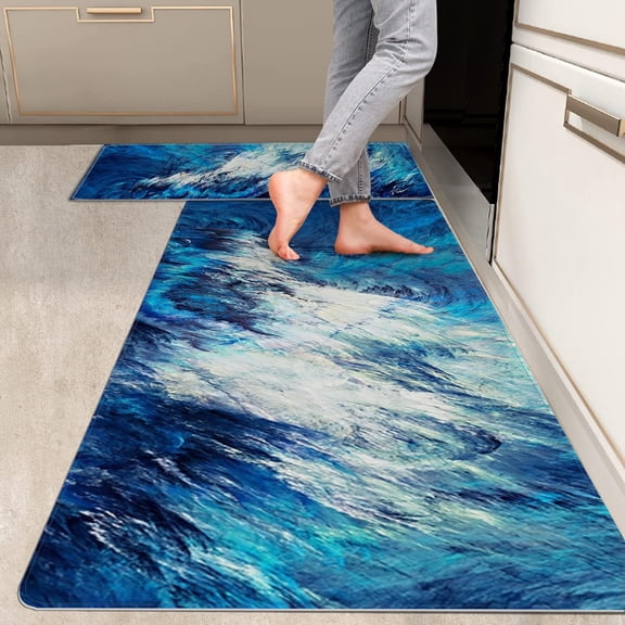 2 Pieces Kitchen Rugs, Abstract Anti Fatigue Non Slip Foam Cushioned Royal Blue White Art Painting Comfort Indoor Floor Mat Runner Rug Set for Laundry Office Sink Bathroom (17"X48"+17"X24")