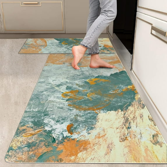 2 Pieces Kitchen Rugs, Abstract Anti Fatigue Non Slip Foam Cushioned Sage Green Orange Art Painting Comfort Indoor Floor Mat Runner Rug Set for Laundry Office Sink Bathroom (17"X48"+17"X24")
