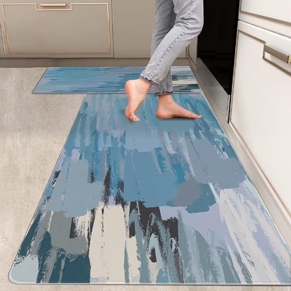 2 Pieces Kitchen Rugs, Abstract Anti Fatigue Non Slip Foam Cushioned Sky-Blue Graffiti Art Modern Comfort Indoor Floor Mat Runner Rug Set for Laundry Office Sink Bathroom (17"x48"+17"x24")