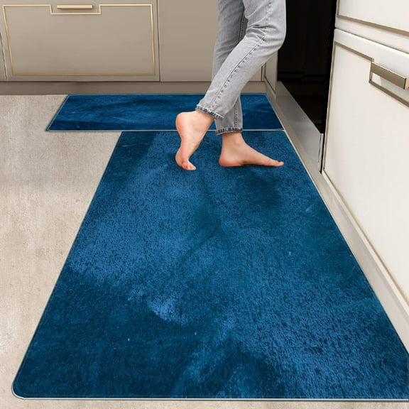 2 Pieces Kitchen Rugs, Abstract Anti Fatigue Non Slip Foam Cushioned Teal Blue Art Graffiti Modern Comfort Indoor Floor Mat Runner Rug Set for Laundry Office Sink Bathroom (17"x48"+17"x24")