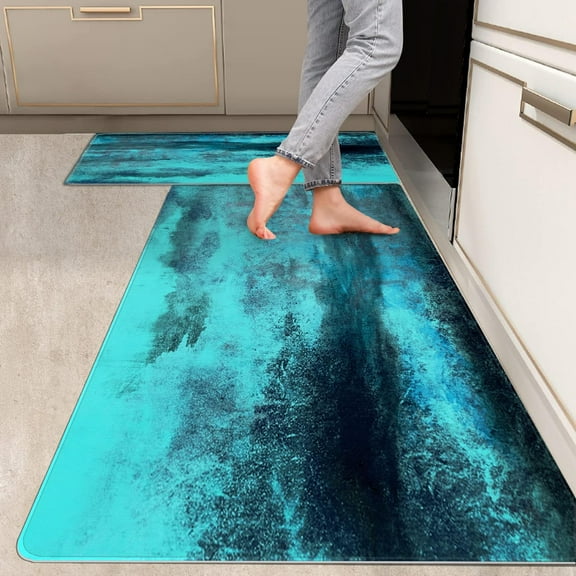 2 Pieces Kitchen Rugs, Abstract Anti Fatigue Non Slip Foam Cushioned Teal Blue Black Art Modern Comfort Indoor Floor Mat Runner Rug Set for Laundry Office Sink Bathroom (17"x48"+17"x24")