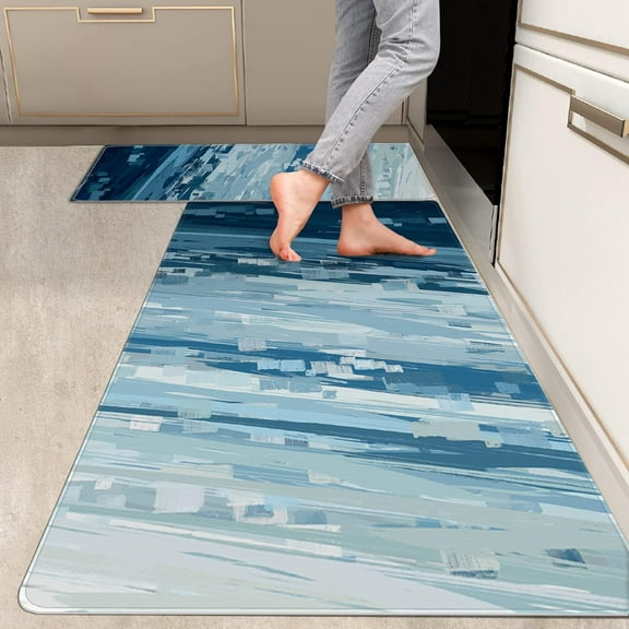 2 Pieces Kitchen Rugs, Abstract Anti Fatigue Non Slip Foam Cushioned Teal Blue Squares Art Modern Comfort Indoor Floor Mat Runner Rug Set for Laundry Office Sink Bathroom (17"x48"+17"x24")