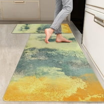 2 Pieces Kitchen Rugs, Abstract Anti Fatigue Non Slip Foam Cushioned Yellow Dappled Art Modern Comfort Indoor Floor Mat Runner Rug Set for Laundry Office Sink Bathroom (17"x48" 17"x24")