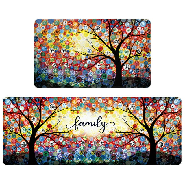 2 Pieces Kitchen Rugs, Colorful Dreamy Tree Kitchen Mats for Floor, Cushioned Waterproof Non-Slip Foam Mat for Laundry, Office, Bathroom, Hallway, 47"x17"+29"x17"