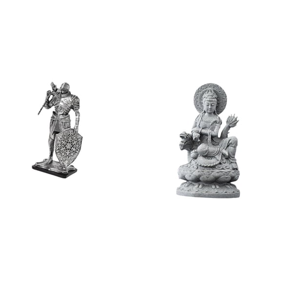 2 Pieces Knight Figurine Guan Yin Statue Resin Craftwork Desk Decor for Office Table Entryway Living Room Display