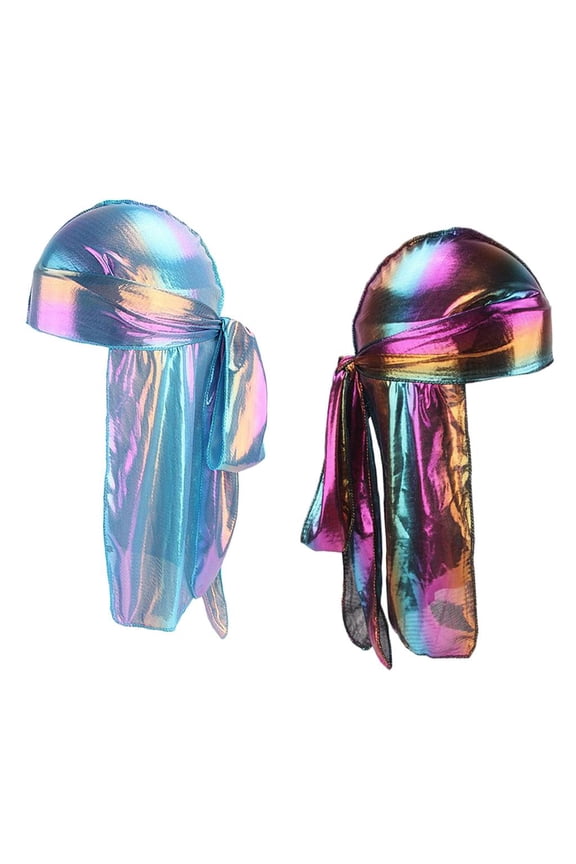 2 Pieces Ladies Men Fashion Shiny Rainbow Silky Chemo Scarf Cap Hat Head Wrap