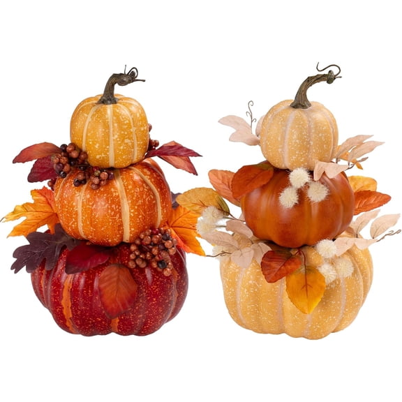 2 Pieces Large 14 Inch Stacked Pumpkin Tower Decoration, Brown and Orange Red Hard Artificial Pumpkin Topiaries with Wheat Maple Leaves, Harvest Ornament