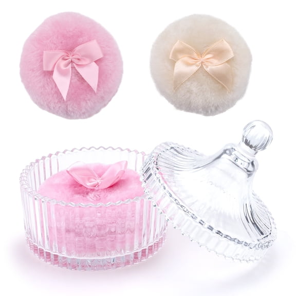2 Pieces Large Body Powder Puff and Container Pink & Beige, Glass Powder Container with Puff Washable Reusable, Soft Applicator for Face Wet Dry Makeup