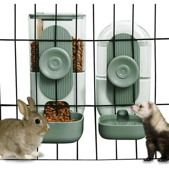 2 Pieces Large Capacity Gravity Feeder -Green Pet Food & Water Dispenser, Automatic Hanging Bunny Feeder and Waterer Set for Cage - Guinea Pig Chinchilla Ferret Cat Puppy