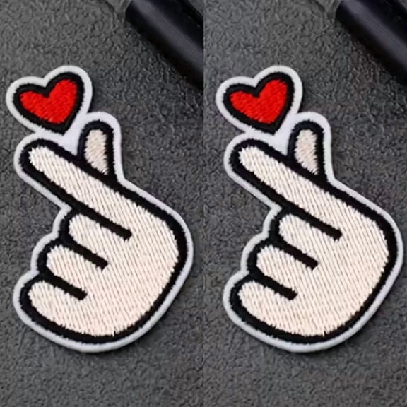 2 Pieces Large Finger Heart Embroidered Iron-On Patches for Backpack, Hat, Bag, and Shoes