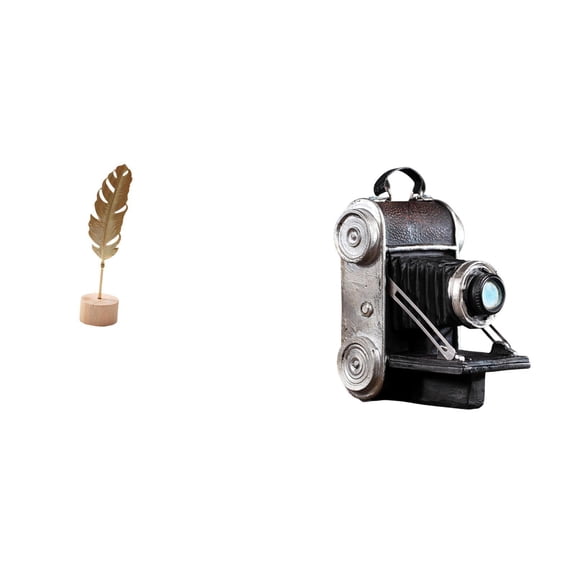 2 Pieces Leaf Sculpture Metal Camera Statue Model Resin Base Artistic Home Decor for Living Room Bar Office