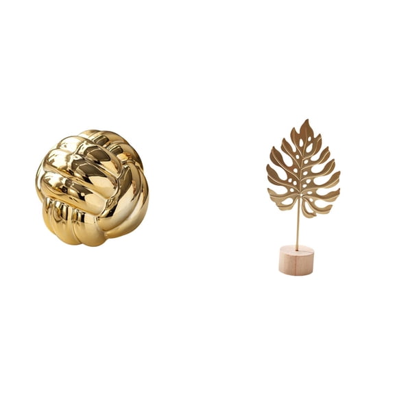 2 Pieces Leaf Sculpture Yarn Ball Ornament Ceramic Figurine Iron Material for Home Tables Gift Decoration