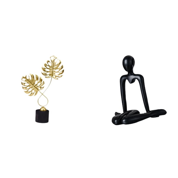 2 Pieces Leaf Statue Thinker Abstract Sculpture Desktop Figurine Iron Wood Material for Office Home Decoration