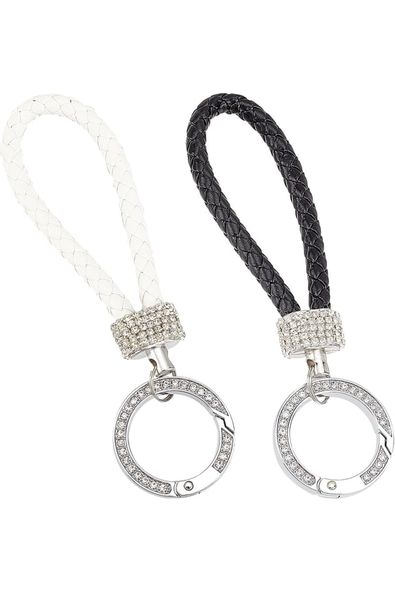 2 Pieces Leather Keychain Bling Car Keychain Universal Car Fob Key Chain with Sparkly Rhinestones Rhinestones keychain for Women (Black White) Black