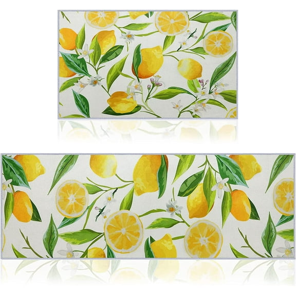 2 Pieces Lemon Kitchen Rugs Set Kitchen Mats Non Slip Rubber Backing Area Rug Lemon Doormat Washable Indoor Outdoor Floor Mats Country Kitchen Decor, 17'''' x 30'''', 17'''' x 47''''