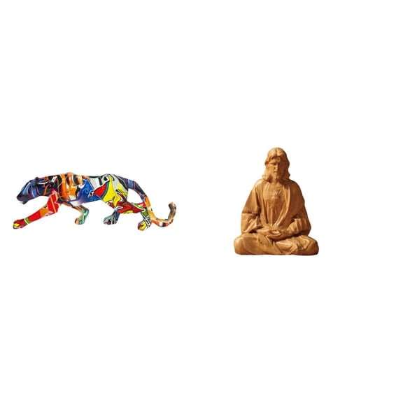 2 Pieces Leopard Sculpture Heart of Jesus Statue Resin Material for Home Office Meditation Space Decoration