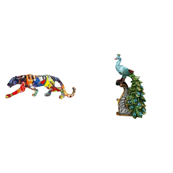 2 Pieces Leopard Sculpture Peacock Statue Decorative Figurine Resin Material for Home Office Desktop Shelf