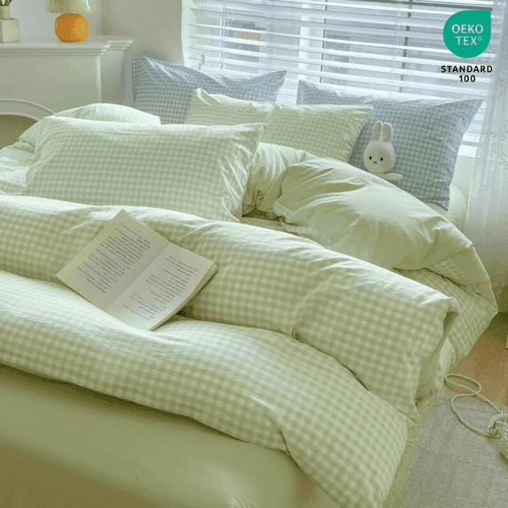2 Pieces Light Green Plaid Bedding Set Green Grid Geometric Pattern Comforter Cover Soft Plaid Microfiber Twin Duvet Cover Set
