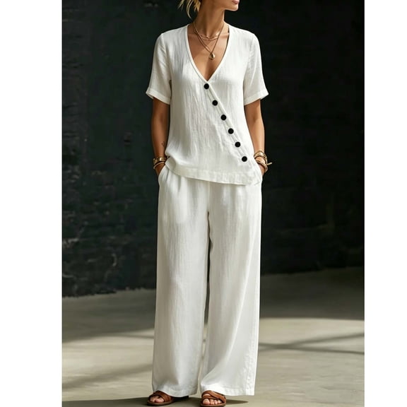 2 Pieces Linen Sets for Women Skew Button V Neck Short Sleeve Tops with Wide Leg Pants Matching Outfits with Pockets